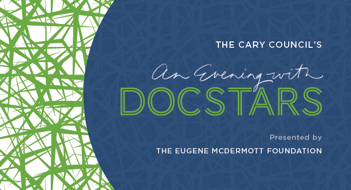 Blue, green, and white graphic for An Evening with Docstars