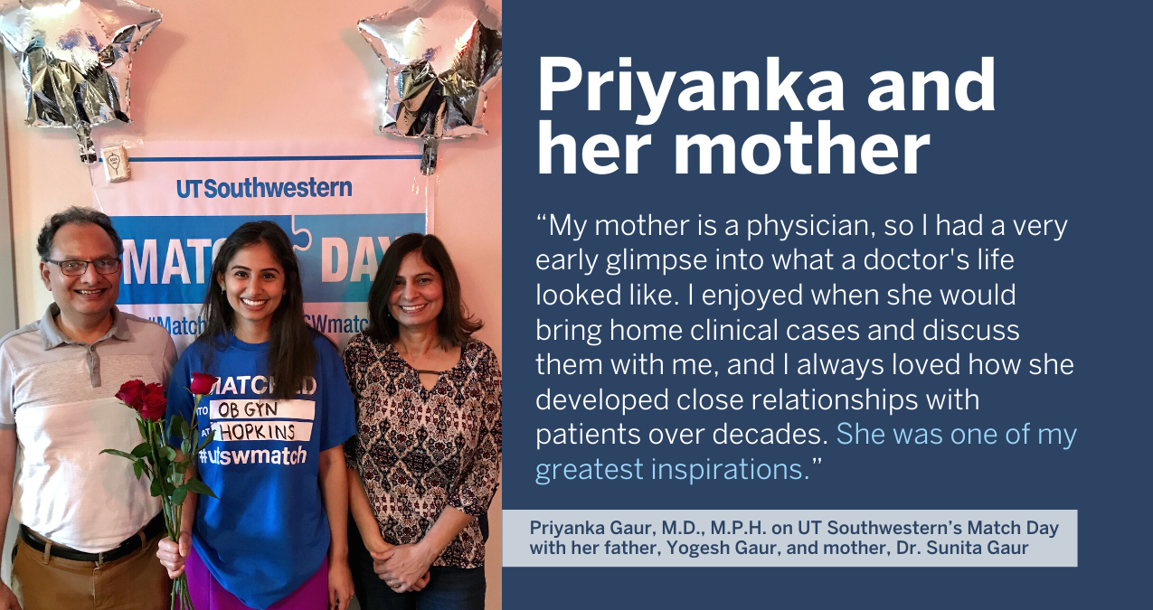 Priyanka Gaur with her mother and father smiling underneath two silver star balloons