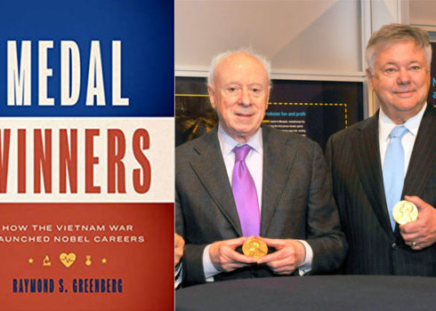 Two Nobel Laureates beside a book cover