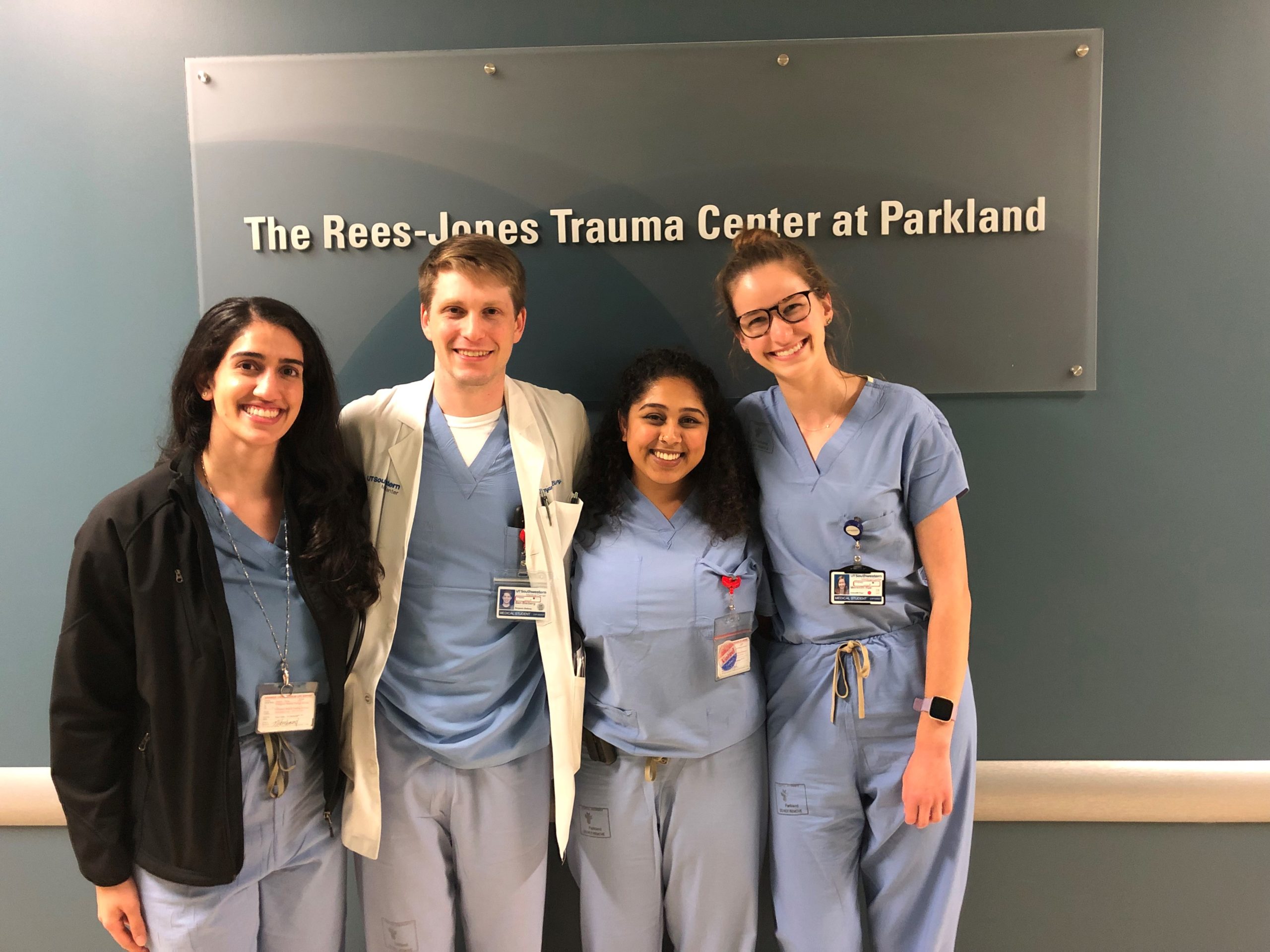 Dr. Natasha Houshmand and her fellow students at a parkland hospital on a trauma surgery rotation.