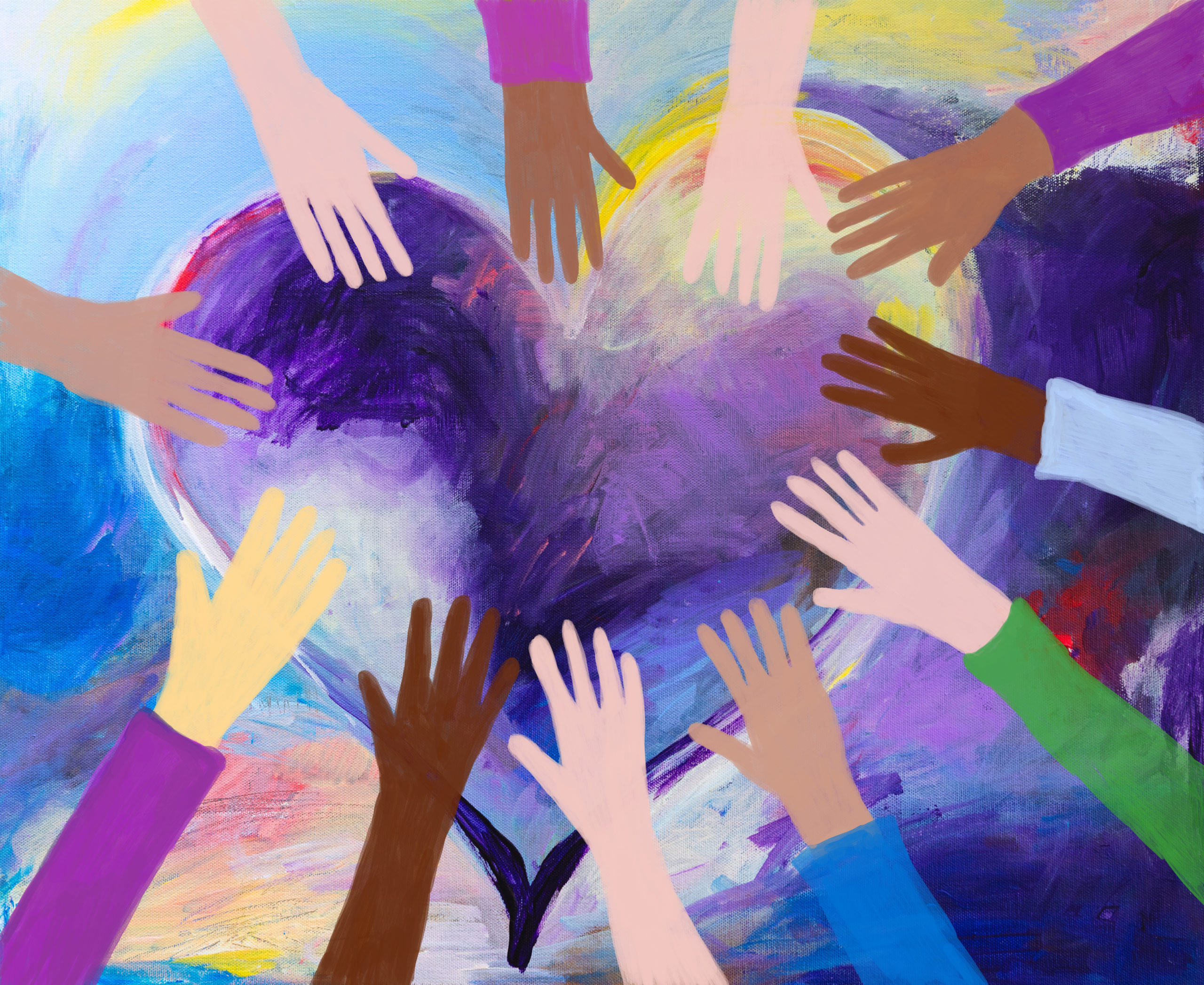 Artwork featuring a painting of several hands reaching out to touch a heart - symbolizing personalized philanthropy.