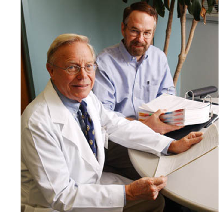 Dr. Jere Mitchell pictured on the campus of UT Southwestern with Dr. James Stull.