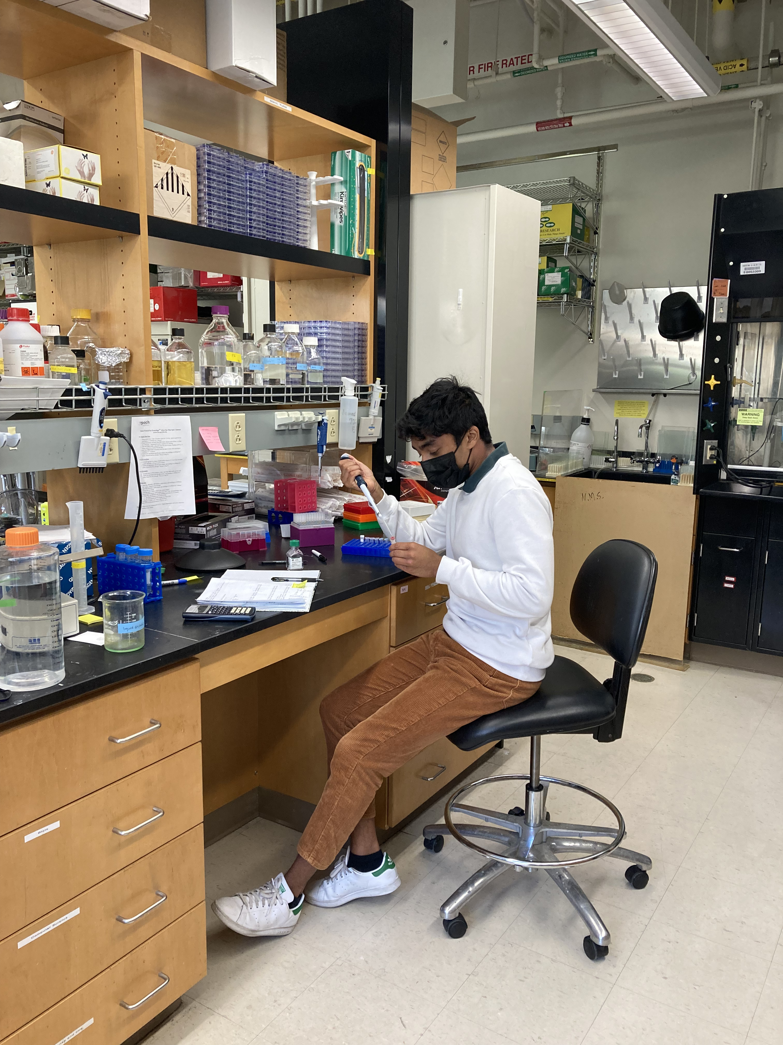 Noah Mathai, a student at the University of Texas works in a lab to help support research and train as a future medical leader.