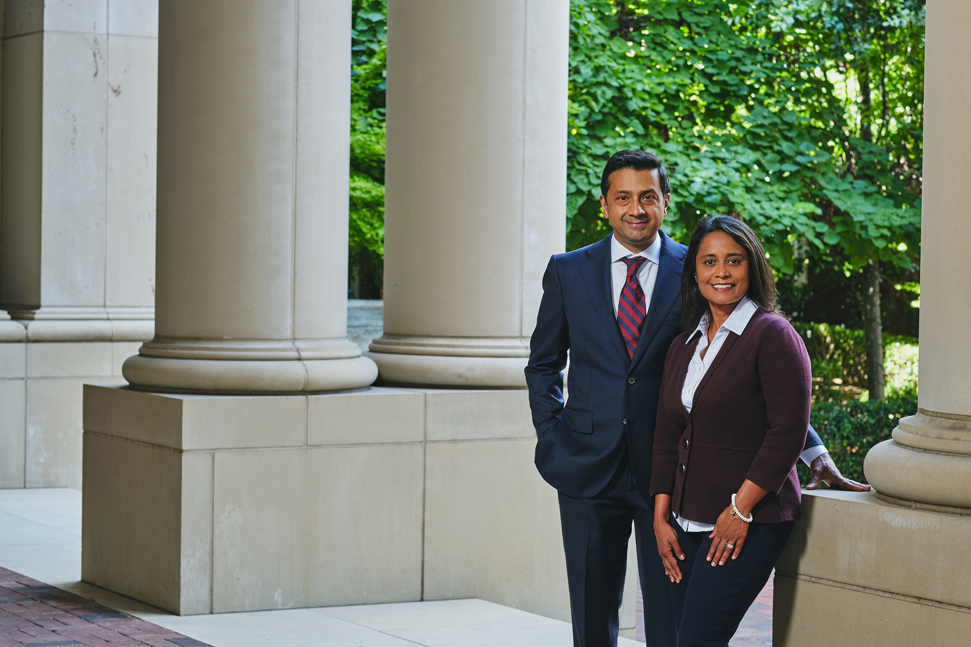 Thomas and Libby Mathai pictured on the Old Parkland campus near the office of the Southwestern Medical Foundation where they support future medical leaders through their philanthropy.