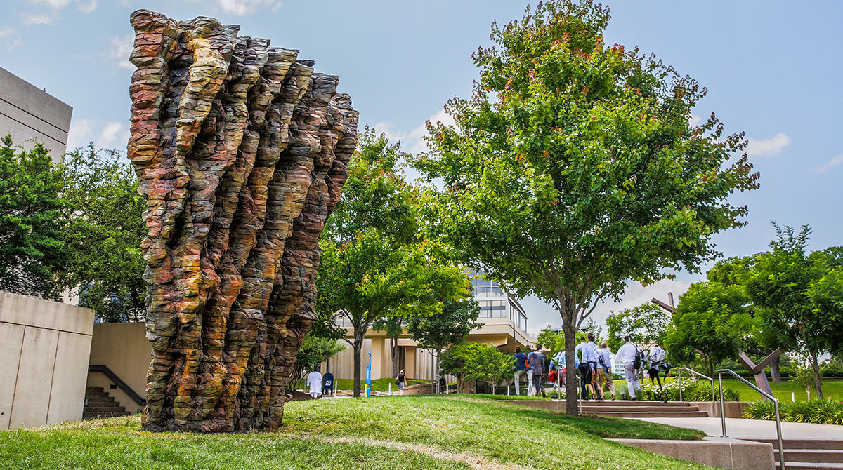 Pictured is the Dumna sculpture which sits on the campus of UT Southwestern and harnesses the healing properties of art.