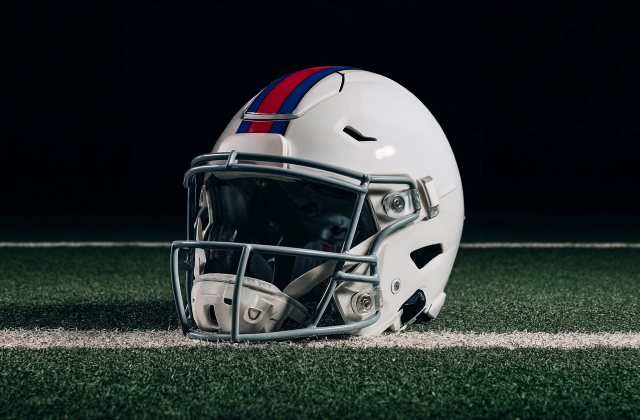 a white football helmet sitting on a football field